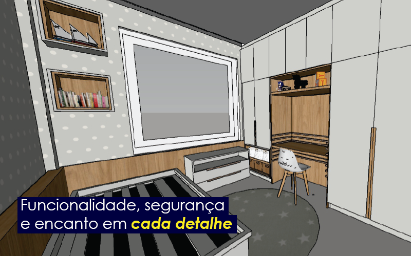Imagem ilustrativa de um projeto 3D de um quarto infantil visto de outro ângulo com móveis projetados