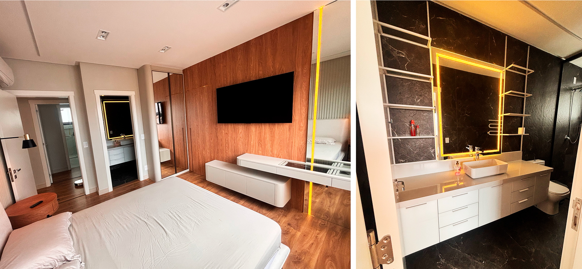 fotografia ilustrativa de um doritório com closet e banheiro