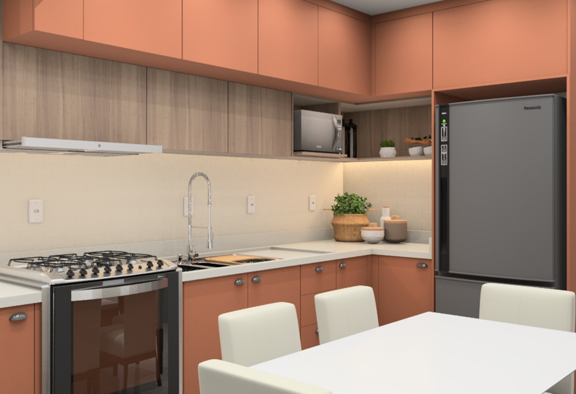 Imagem ilustrativa de uma cozinha terracota com móveis planejados - MODERNA